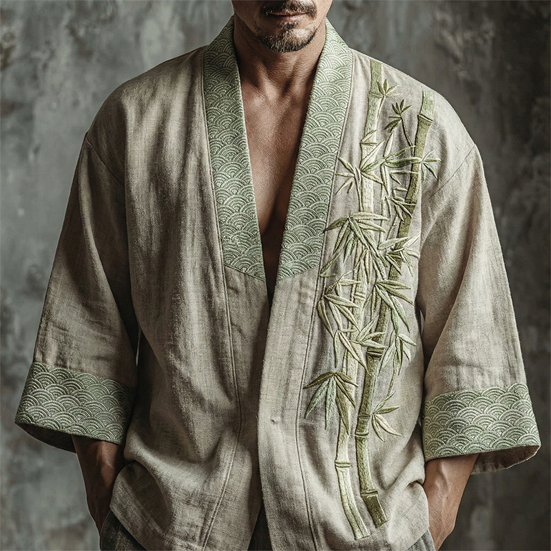 Men's Japanese Bamboo Art Pattern Linen Blend Kimono Cardigan  artssus