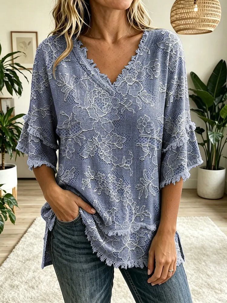 Women's Floral Art Print V-neck Tasseled Cotton Top