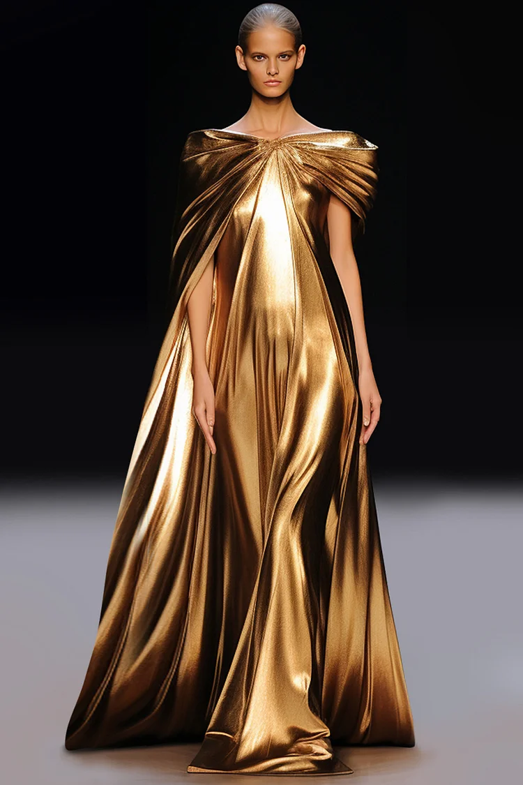Fashionable Cape Sleeve Maxi Dress-Gold