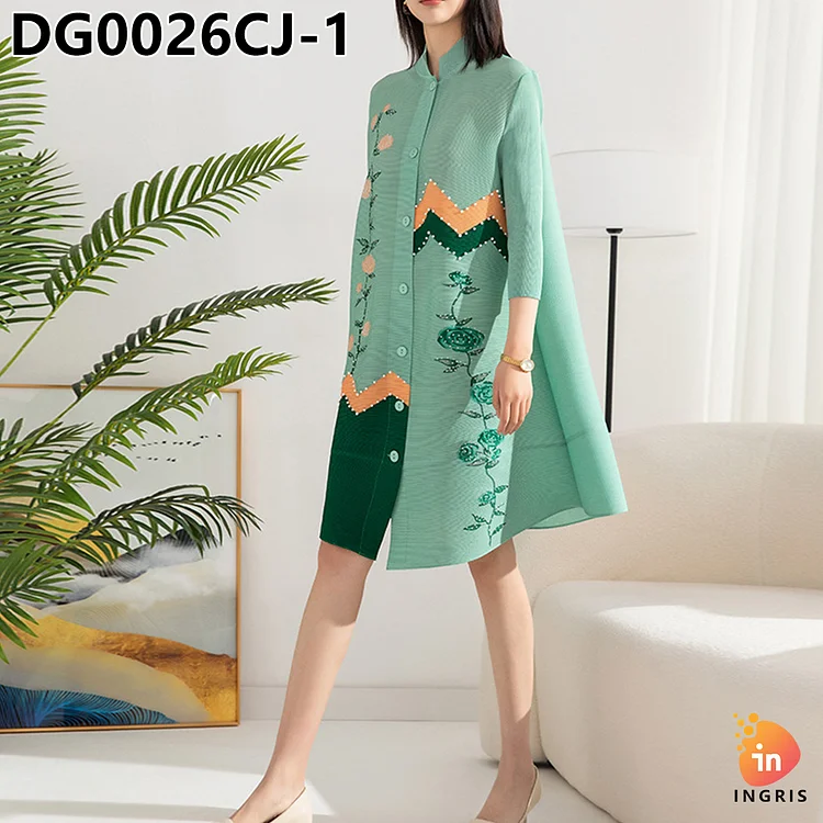 Fall Stand Collar Pleated Midi Dress For Women Lace Dress-DG00026CJ
