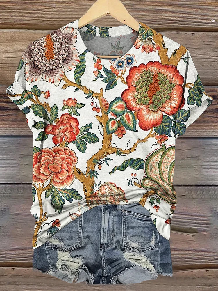 Vintage Floral Print Casual Short Sleeve Top
