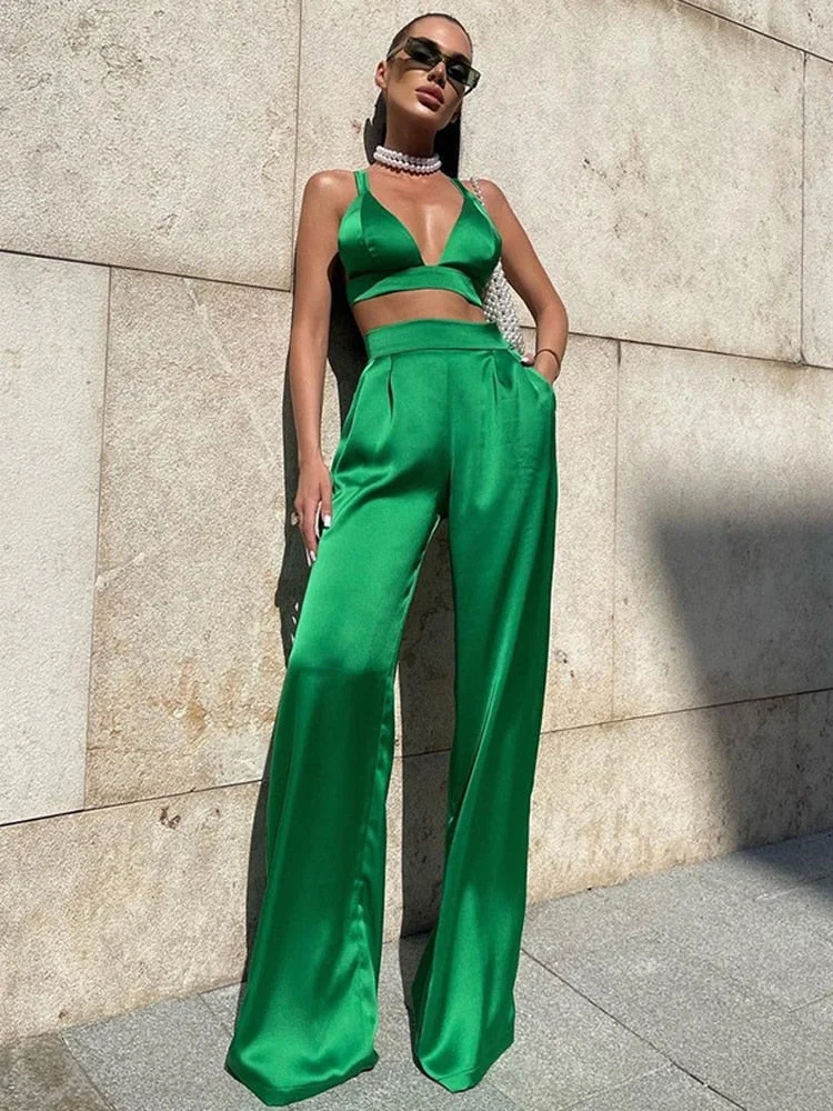  2022  Fashion Silky Satin Camis Crop Top and Pants 2 Piece Set for Women Matching Sets Outfits Sexy High Waist Pants Streetwear