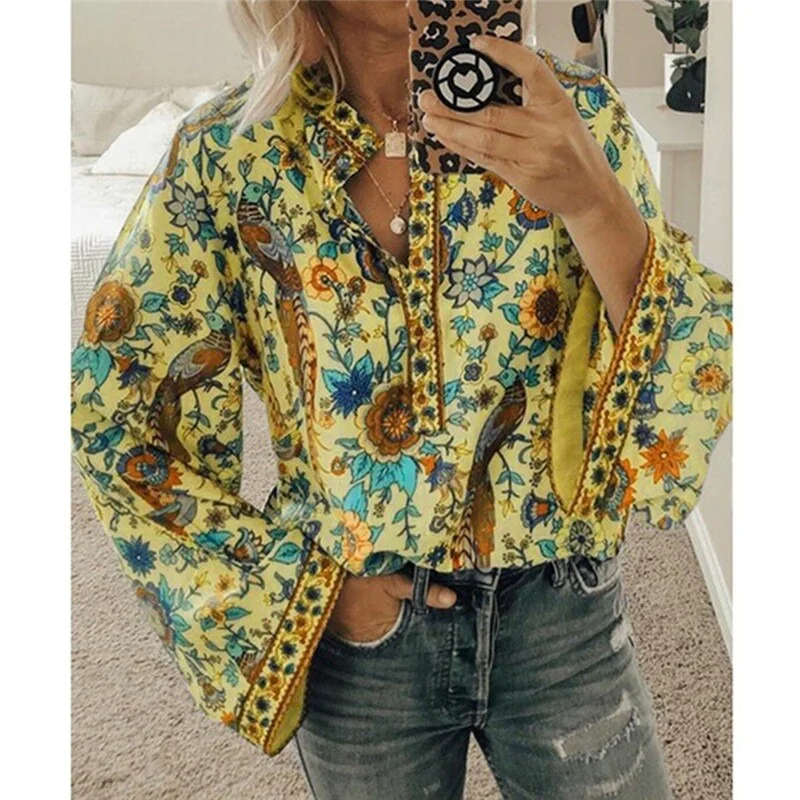 GAOKE Women Tops And Blouses Long Sleeve Bohemian Beach Loose Female Shirt Blouse Boho Fashion V Neck Lady Top Blusas