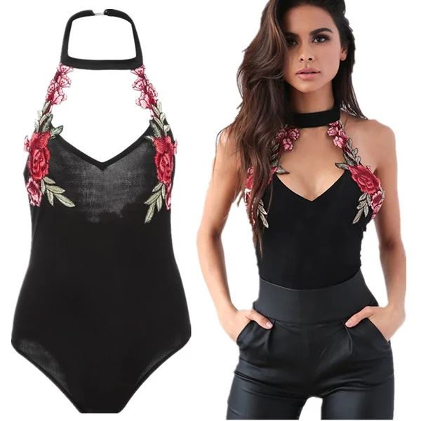 New Summer Fashion Sexy Women Rose Flower V Neck Bodycon Bandage Sleeveless Bodysuit Jumpsuit Short Romper Tops