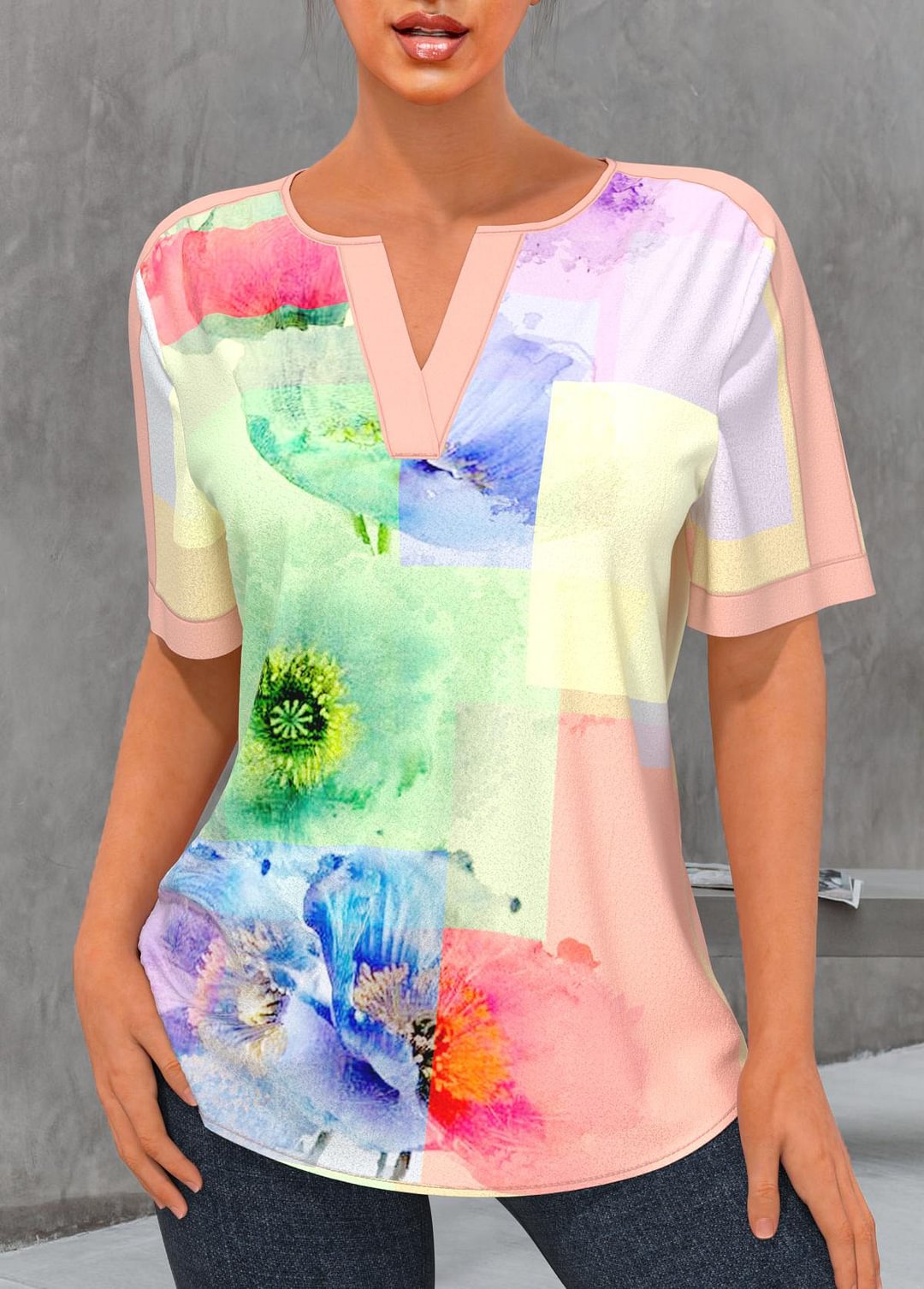 Split Neck Floral Print Rainbow Color Blouse