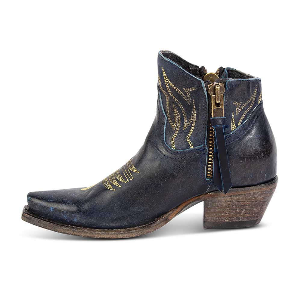 Blue Block Heel Embroidered Western Ankle Boots with Zipper Nicepairs