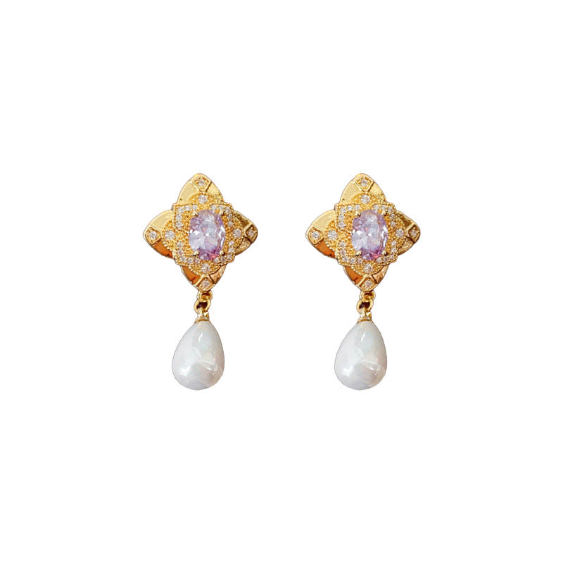 Luxurious Flower Droplet Flower Artificial Pearl Zircon Inlay Earrings