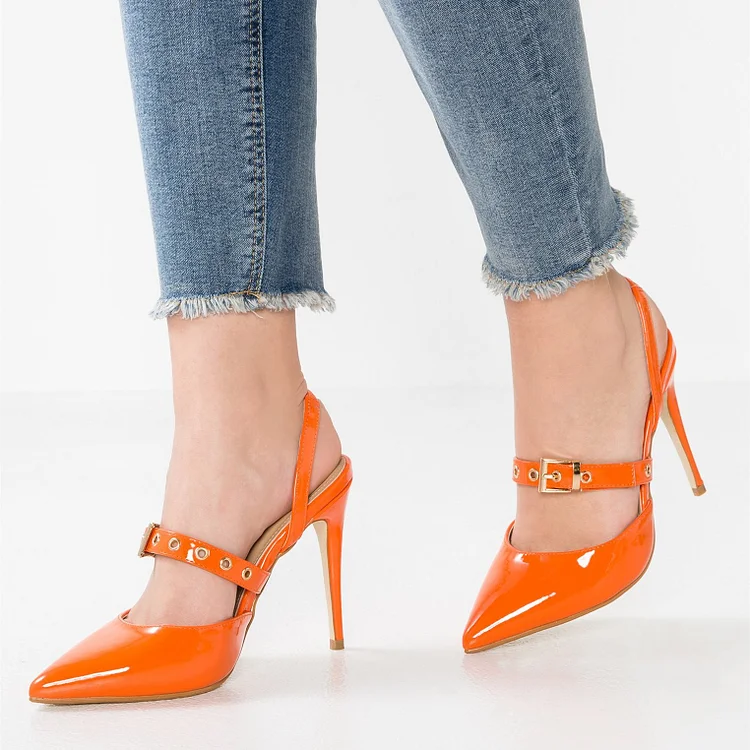 Orange Patent Leather Slingback Pumps Pointy Toe Stiletto Heels |FSJ Shoes