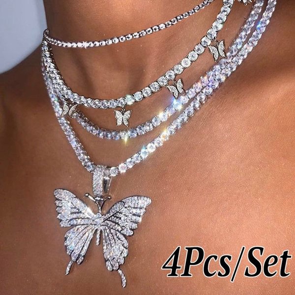 4 Styles Fashion S925 Silver Butterfly Pendant Necklace Rhinestone Chain Bling Tennis Chain Crystal Choker Necklace Jewelry for Women