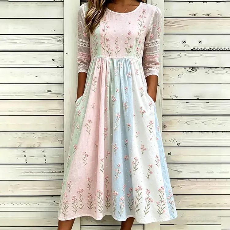 Women's Pink Floral And Lace Art Splicing Blended Cotton Linen Comfortable Round Neck Dress