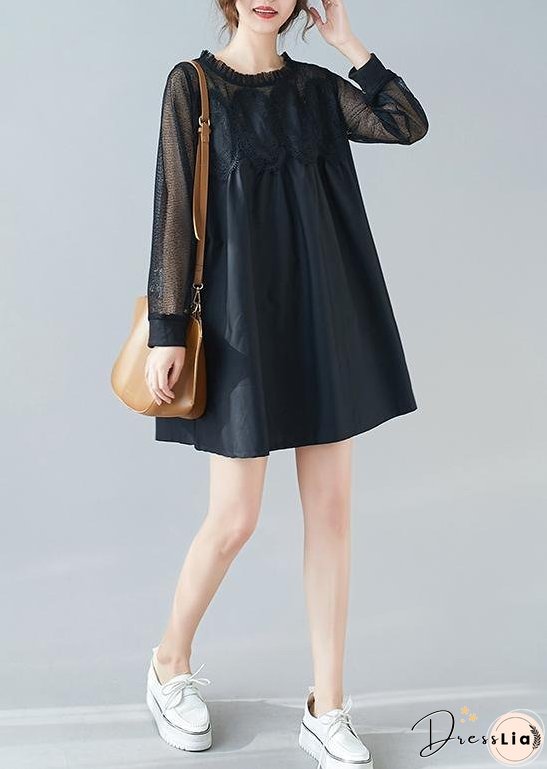 Handmade O Neck Patchwork Lace Dresses Shape Black Dresses