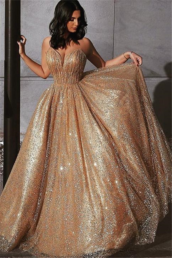 Bellasprom Gold Sequins Prom Dress Long Backless Spaghetti-Straps Bellasprom