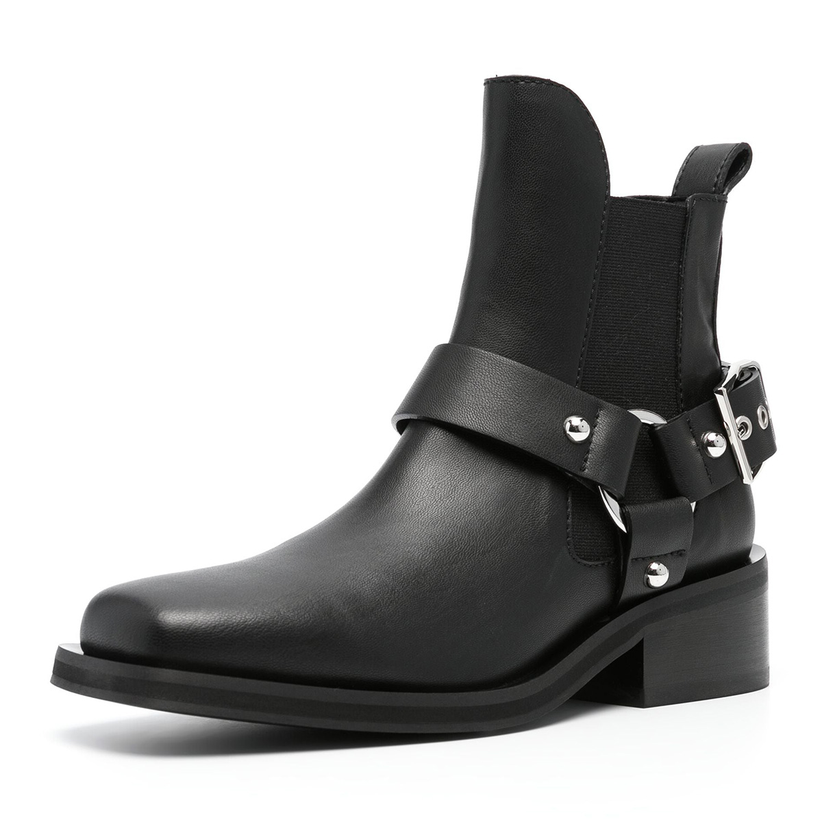 Black Buckle Strap Square Toe Ankle Boots for Women with Low Heel Nicepairs