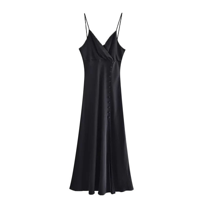 KPYTOMOA Women 2021 Chic Fashion With Buttons Front Slit Midi Camisole Dress Vintage Backless Thin Straps Female Dresses Mujer