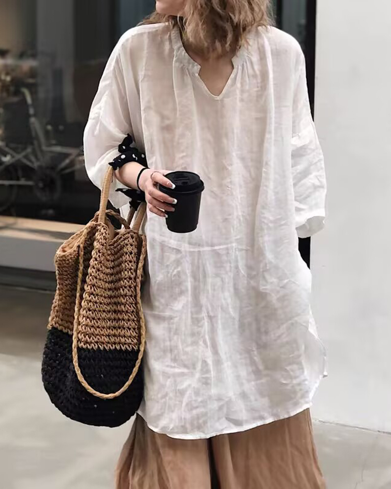 V Neck Side Split Solid Color Loose Top