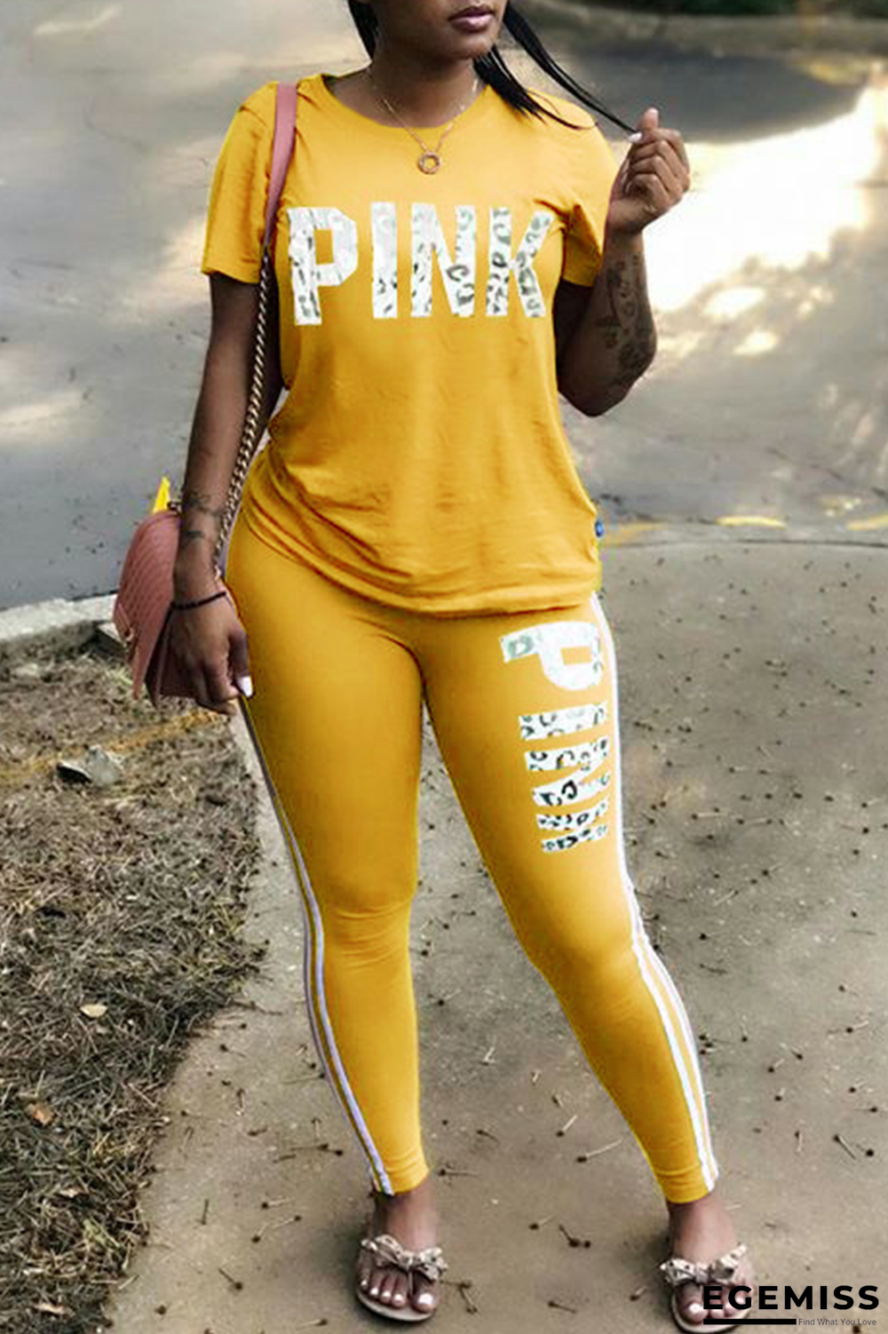 Yellow Casual Print Patchwork O Neck Short Sleeve Two Pieces | EGEMISS