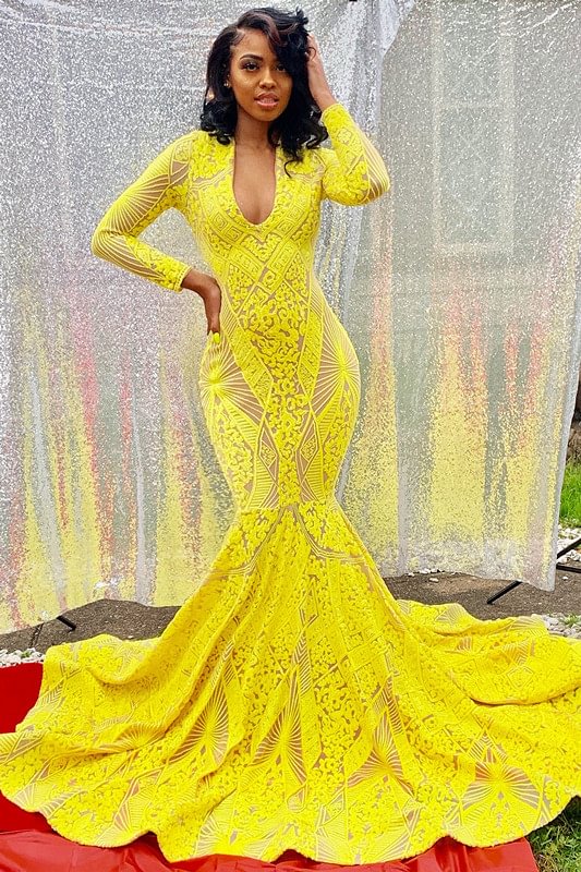Elegant Long Sleeves Mermaid Yellow Prom Dress With Appliques | Ballbellas Ballbellas