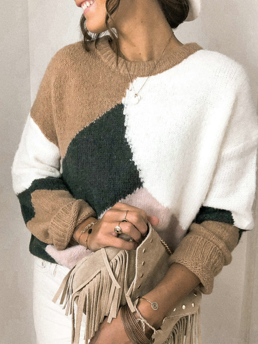 Sweaters Round Neck Contrast Stitching Knitted Sweater for Women
