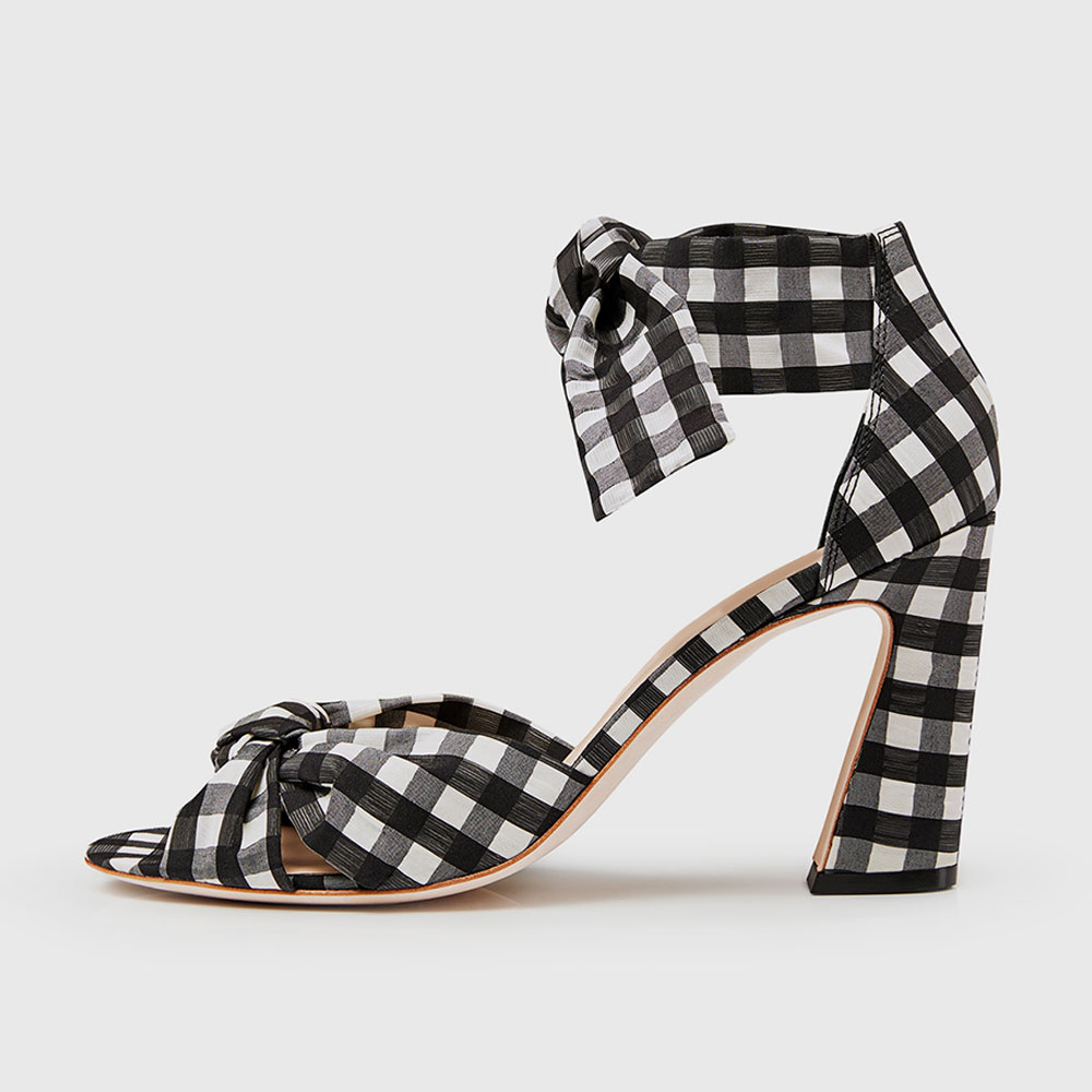 Black & White Check Printed Textile Ankle Bow Inlay Lady's Sandals   Nicepairs