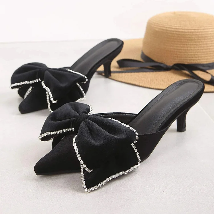 Black Suede Bow Heels Pointy Toe Mules Kitten Heel Pumps |FSJ Shoes