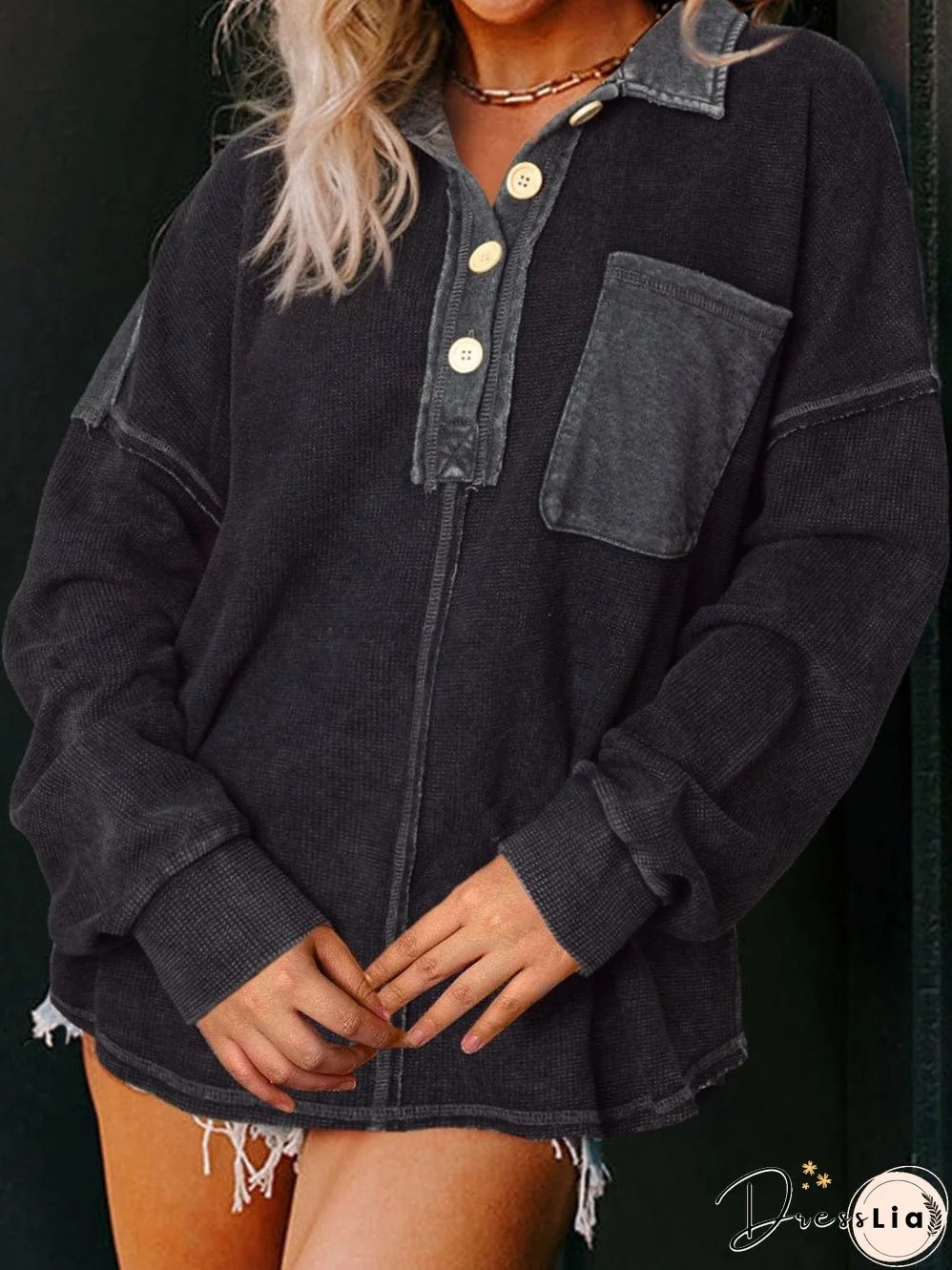 Chic Black Waffle Knit Henley Pullover