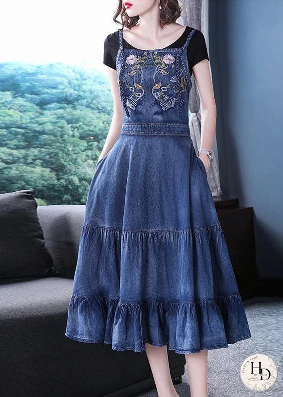 Slim Fit Blue Ruffles Embroideried Spaghetti Strap Cotton Denim Dresses Spring