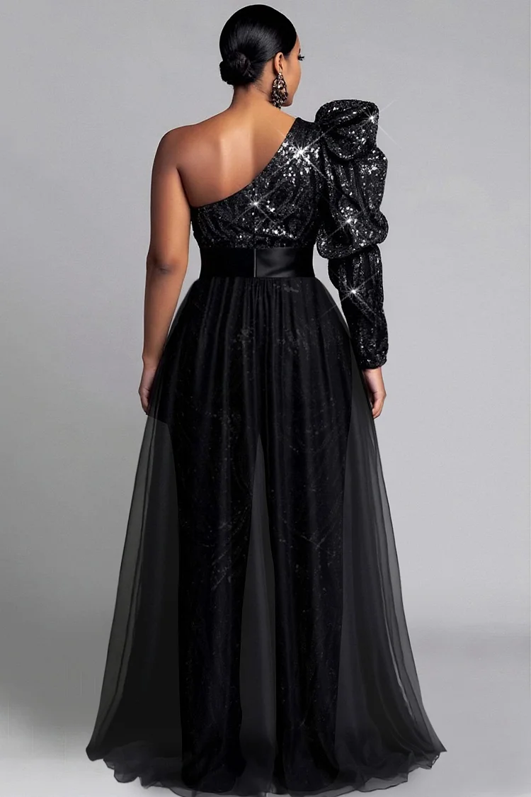 Xpluswear Design Plus Size Formal Black One Shoulder Long Sleeve Peplum Elegant Pocket Sequin Jumpsuits [Pre-Order]