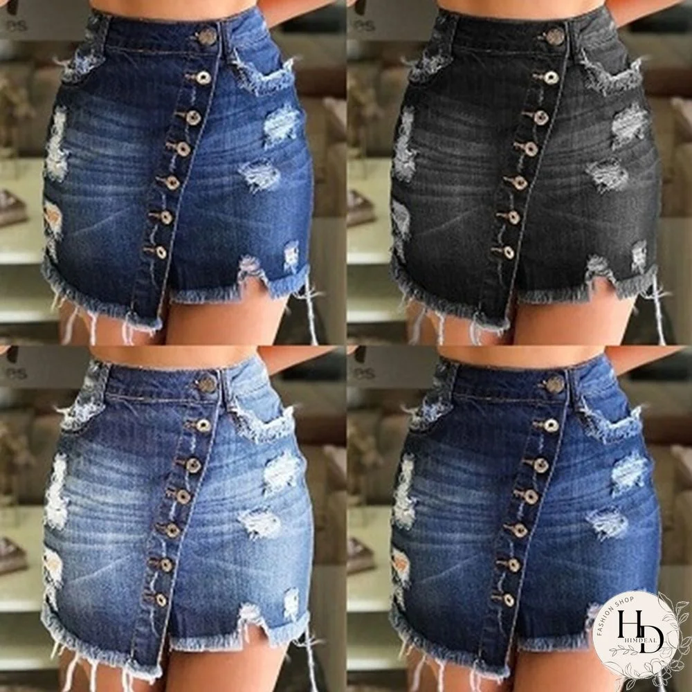 Women Summer Ripped Hole Skirts Denim Jeans Mini Skirt High Waist Button Skirts