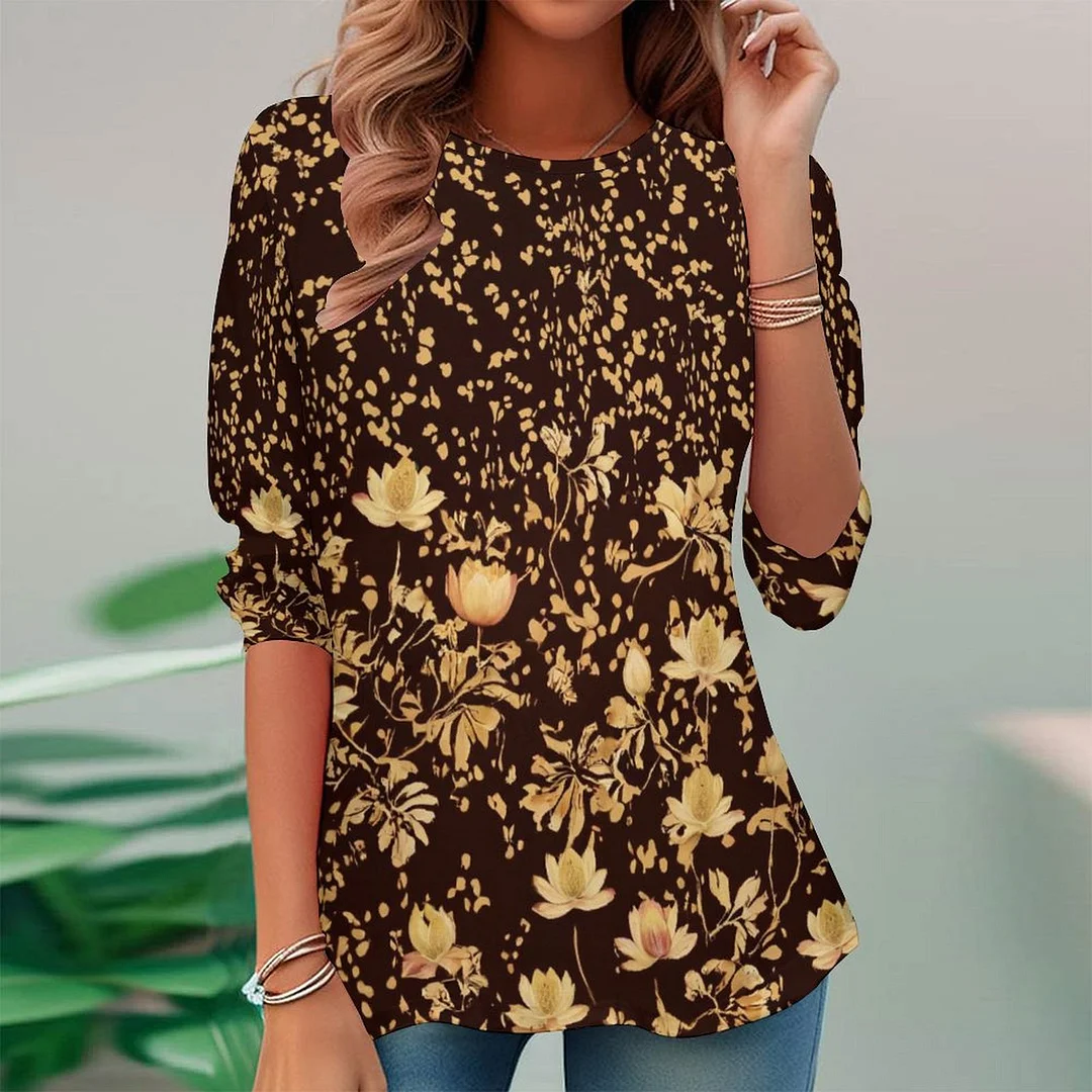 Vintage Printed Long Sleeve Plus Size Tunic for  Women and Men Unisex Pattern Black,Khaki,Floral