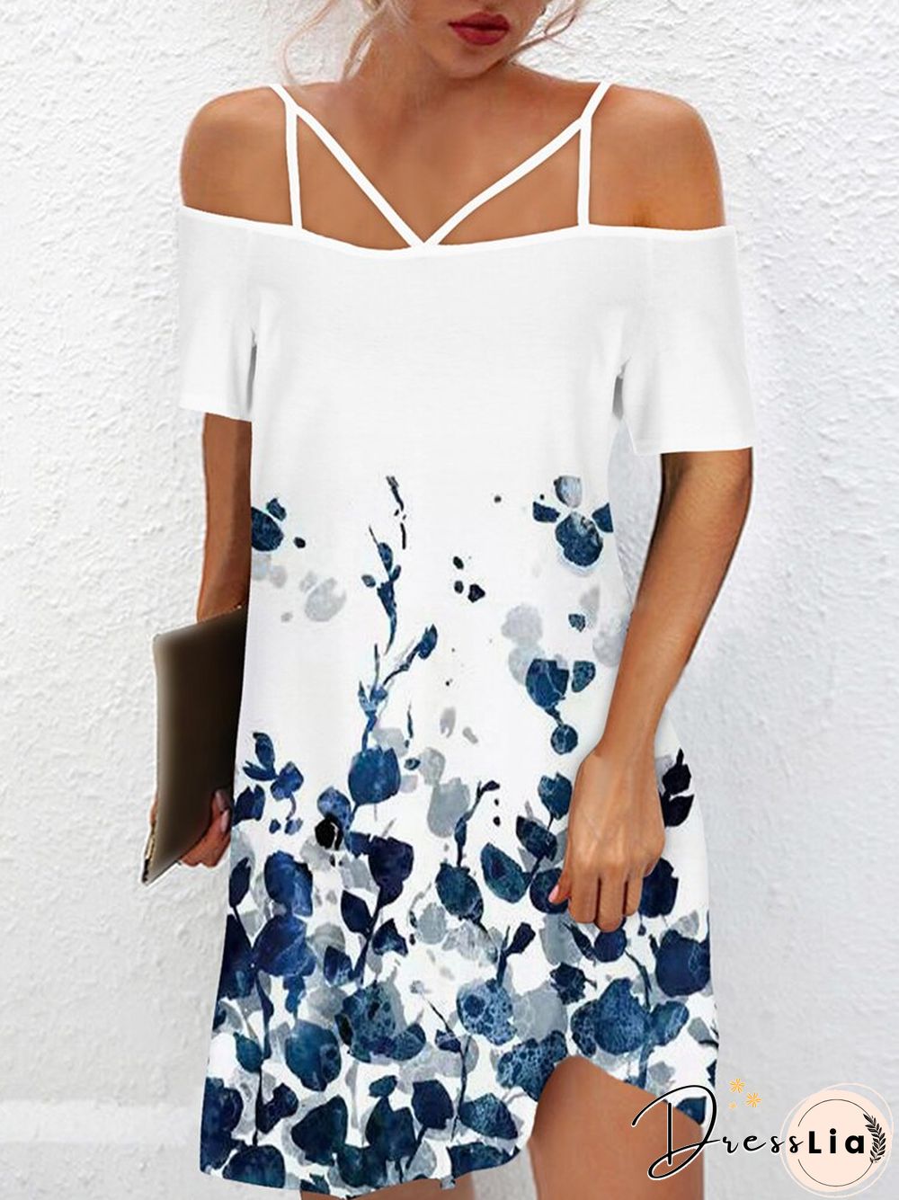 Vintage One-Line Neck Cross Strap Dress Women Summer Sexy Short Sleeve Backless Mini Dress Ladies Fashion Printed Loose Dresses