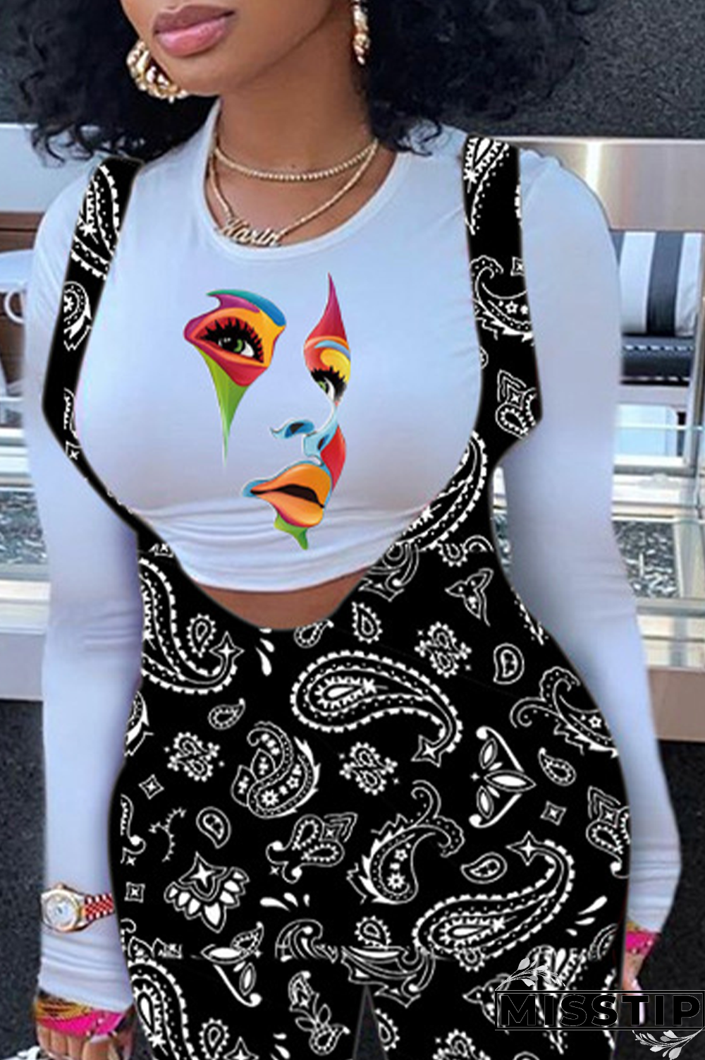 White Casual Print Patchwork O Neck Tops