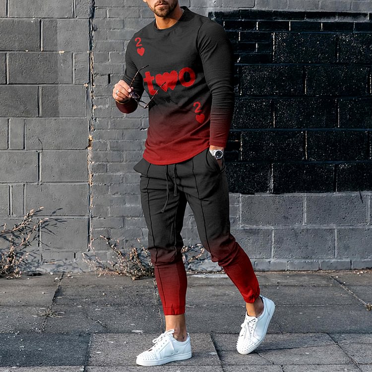 BrosWear Men's Street  Sport Style Poker 2 of Hearts Red Black Fade Long Sleeve T-shirt And Pants Co-ord Sets