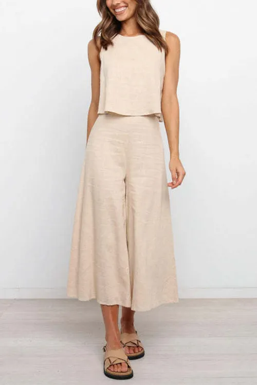 Kelsi Dress Crewneck Sleeveless Top and Wide Leg Pants Solid Set
