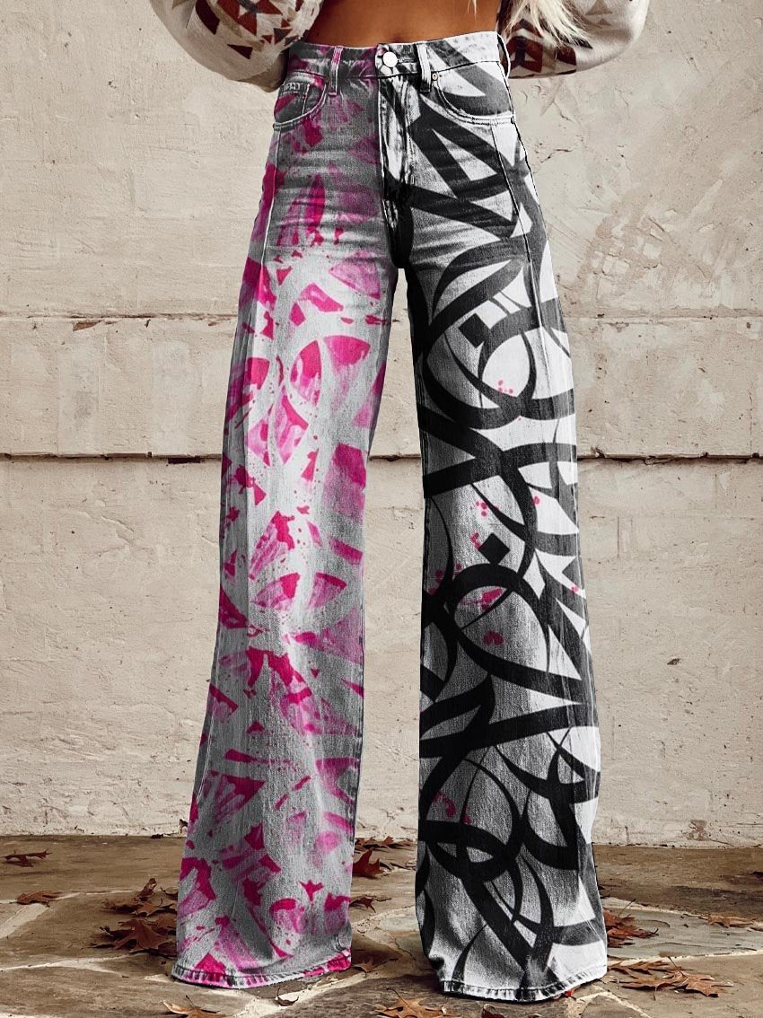 Women's Pink Black Chaos Lines Print Casual Wide Leg Pants