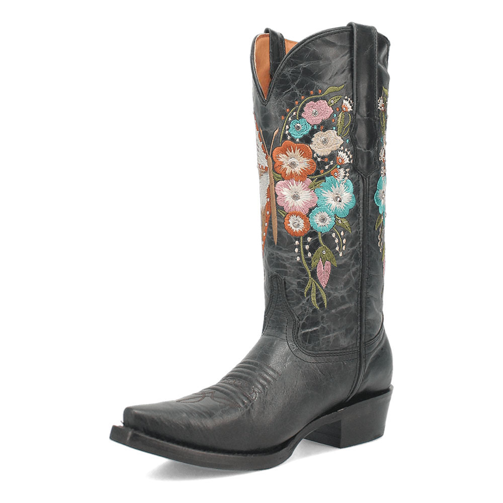Black Snip Toe Butterfly and Flower Embroidered Heeled Cowgirl Boots