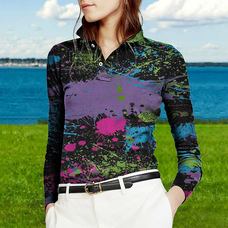 Vefave Stand Collar Ink Oil Painting Print Long Sleeves POLO Shirt