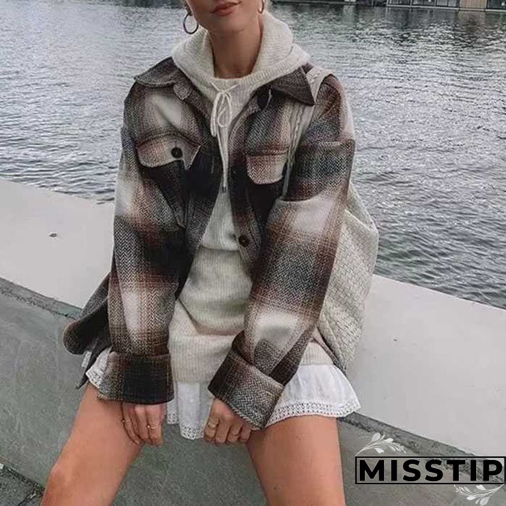 Classic Thick Colorblock Checked Button Down Shirt Jacket Woolen