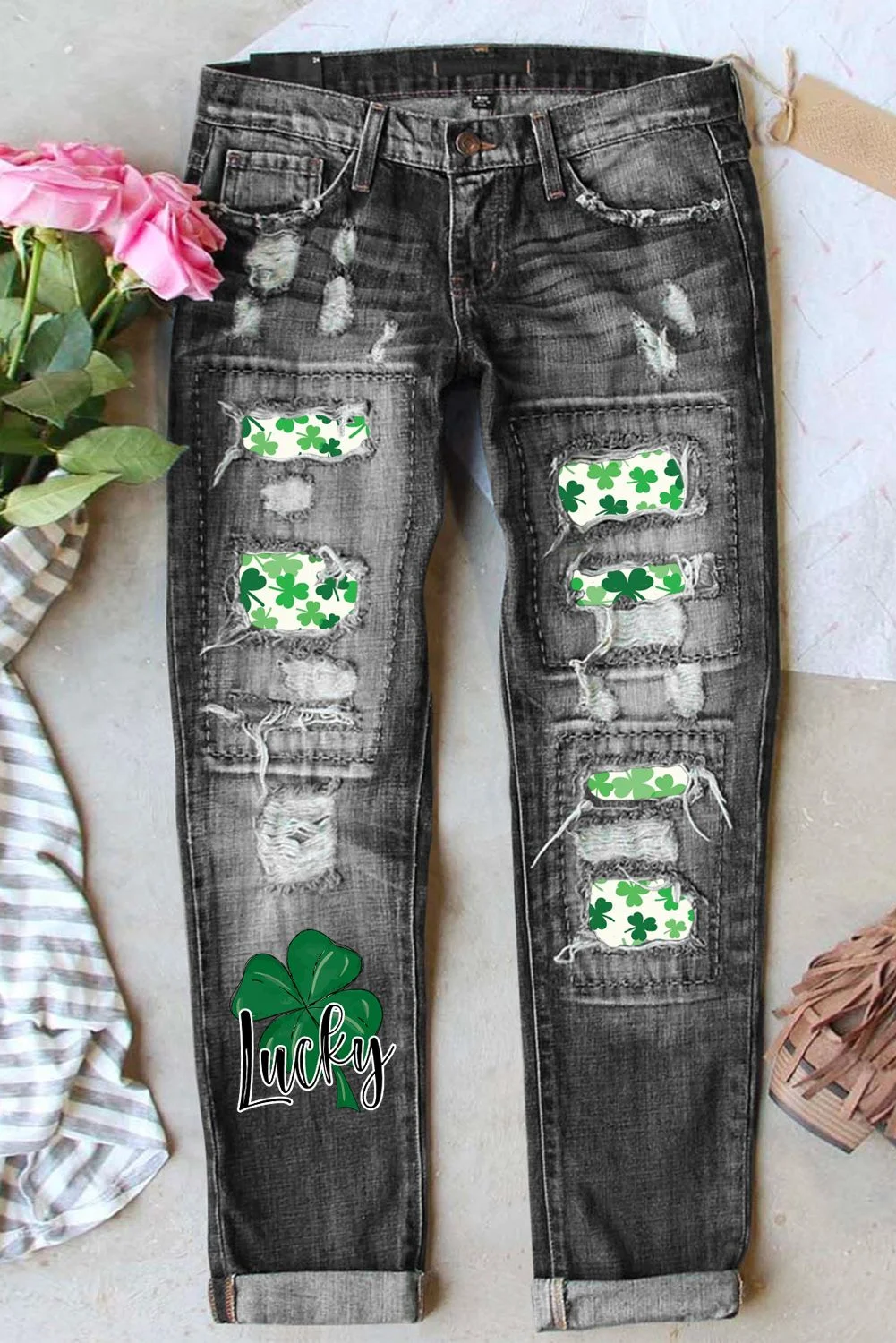 Green Clover Floral Shift Casual Ripped Jeans