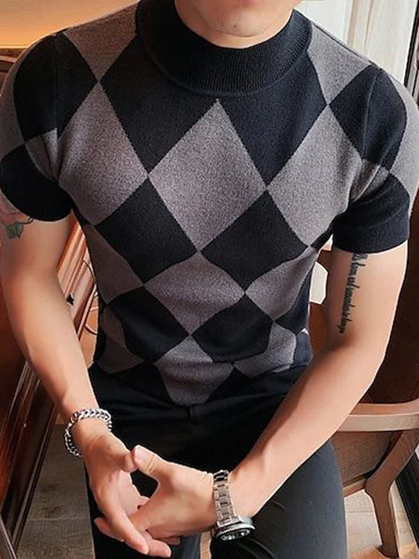 Aonga - Mens Argyle Pattern Short Sleeve Knit T-shirt