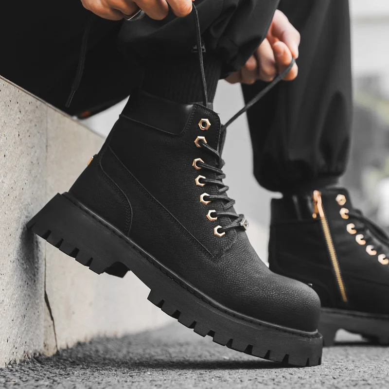 Colourp Colourp Men's Thick Platform Increased British Wind Winter Velvet High Top Motorcycle Cargo Ankle Boots 66621-P