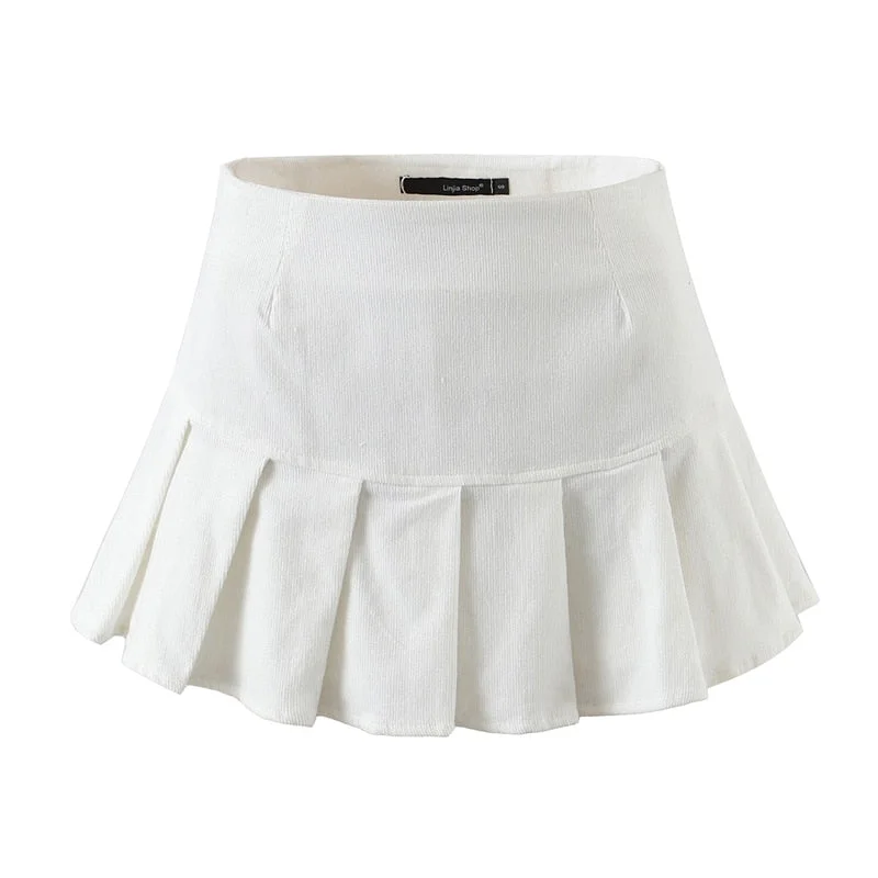 High Waist Preppy Style Vintage Pleated Skirt Short 2021 Summer Women Chic Thin Corduroy Skirt Women Solid Color Zipper