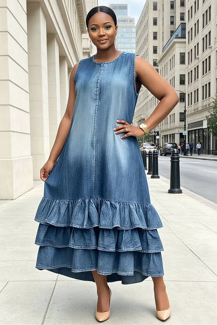 Xpluswear Design Plus Size Business Casual Light Blue Round Neck Ruffle Pocket Denim Midi Dresses [Pre-Order] 2024 - Xpluswear
