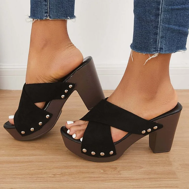 Rivet Criss Cross Chunky Block Heels Platform Slip-on Sandals