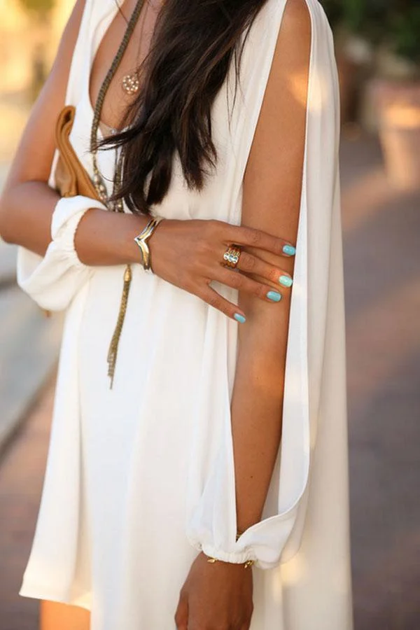 Asymmetric Hem Slit Long Sleeves Solid Color Shift Dresses