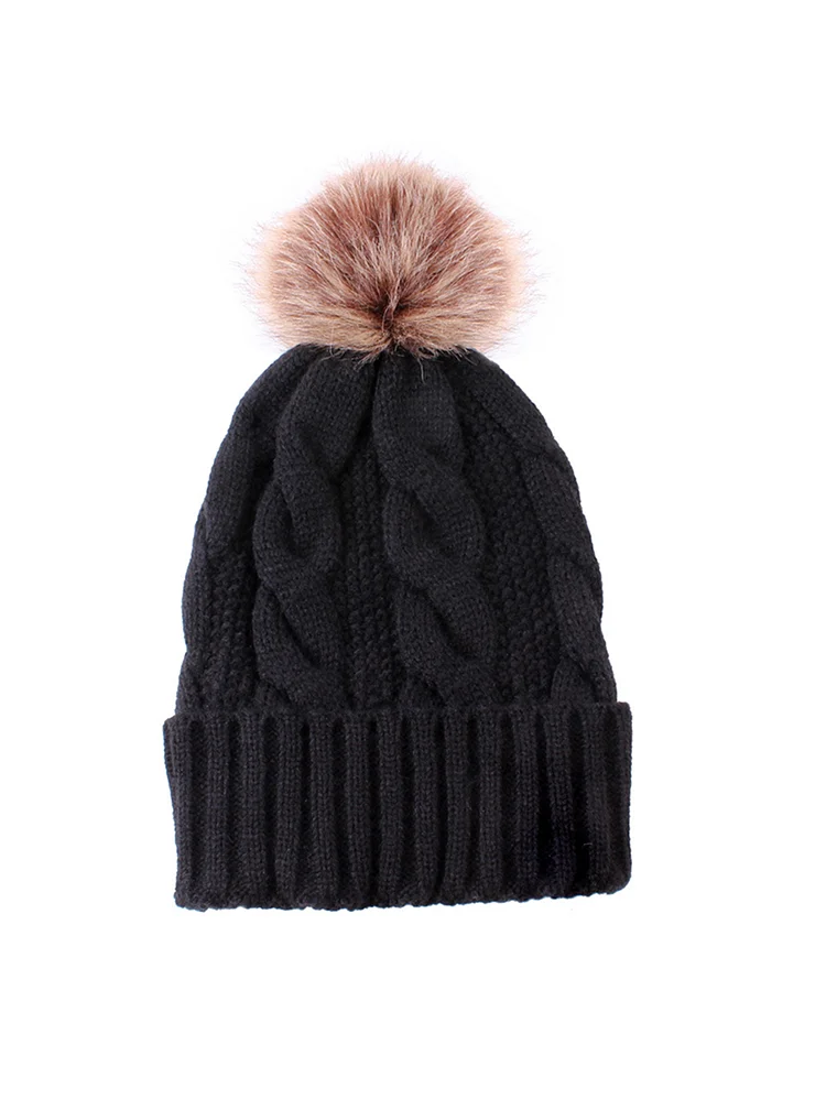 Casual Fur Ball Textured Knit Winter Beanie Hat