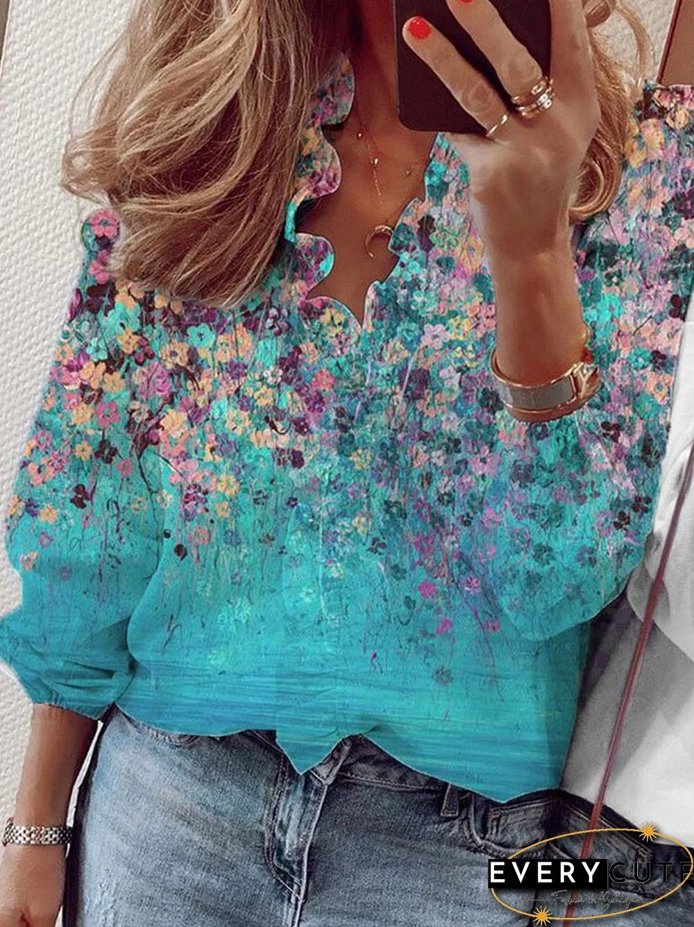 V Neck Long Sleeve Printed Cotton-Blend Tops