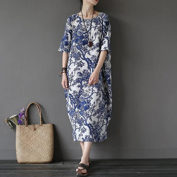 Women o neck cotton linen summer clothes For Women Photography blue prints Dresses