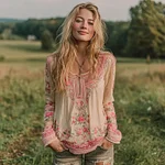 Women's Vintage Pink Rose Art Comfy Crew Neck Shirt - Image 2