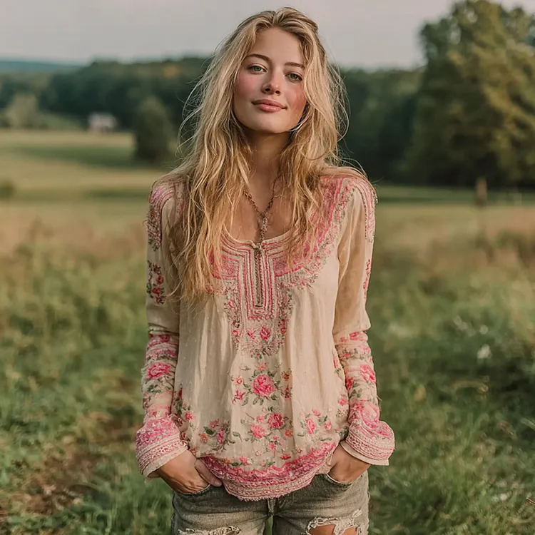 Women's Vintage Pink Rose Art Comfy Crew Neck Shirt