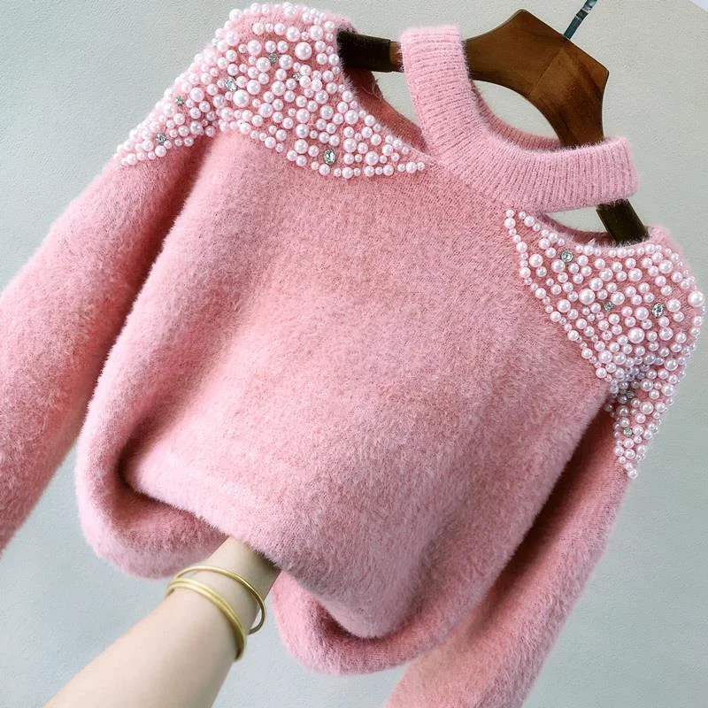 Nigikala Sweet Pullovers 2022 Women Clothing Heavy Beading Sexy Off Shoulder Knitwear Sweater Tops Pull Femme Fashion Jumper